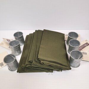 Napkins Olive Green Set 6 Cloth 17'' x 17'' and 6 Galvanized Rings/Holders Fall